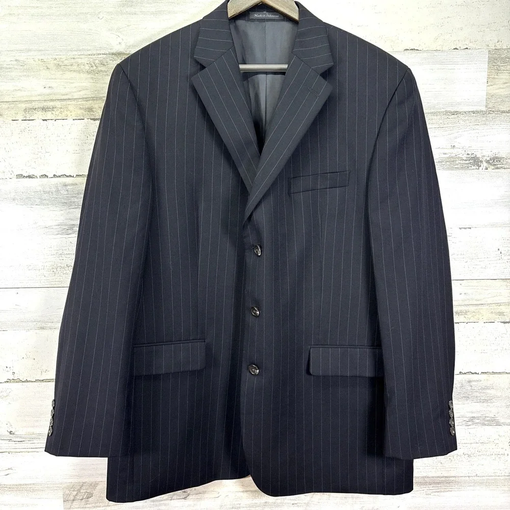 LAUREN Ralph Lauren Black Pinstripe 100% Wool 3 Button Summer Suit Jacket Sz 44L